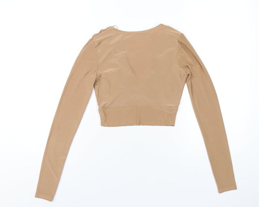 Quiz Womens Brown Polyester Basic T-Shirt Size 8 V-Neck