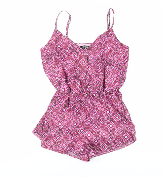 Additional front view of Missguided women’s pink geometric polyester playsuit one-piece, button - elasticated waist