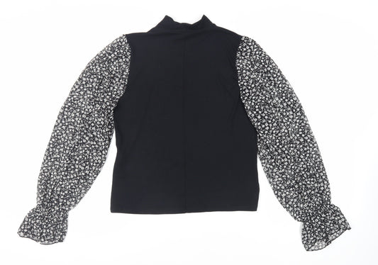 Zara Womens Black Floral Polyester Basic Blouse Size L Mock Neck - Sheer Sleeves