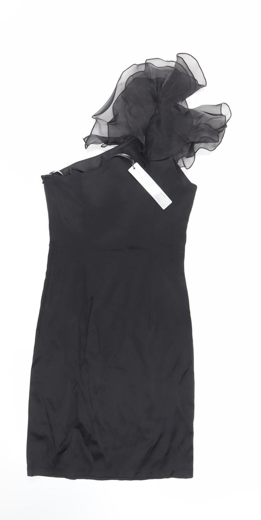 Additional front view of Red Herring women’s black polyester pencil dress, size UK 6, one shoulder zip - shoulder detail
