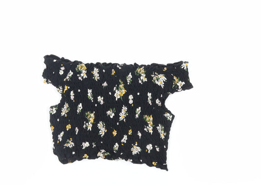 Miss Selfridge Womens Black Floral Cotton Cropped Tank Size 8 Off the Shoulder - Shirred