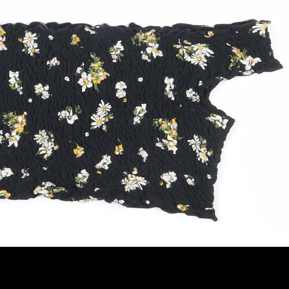 Miss Selfridge Womens Black Floral Cotton Cropped Tank Size 8 Off the Shoulder - Shirred