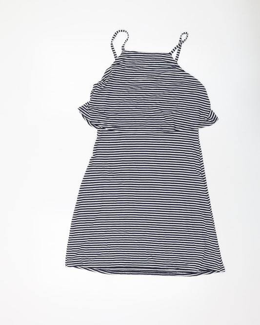 Additional front view of Miss Selfridge women’s blue striped viscose a-line, size UK 10, square neck pullover