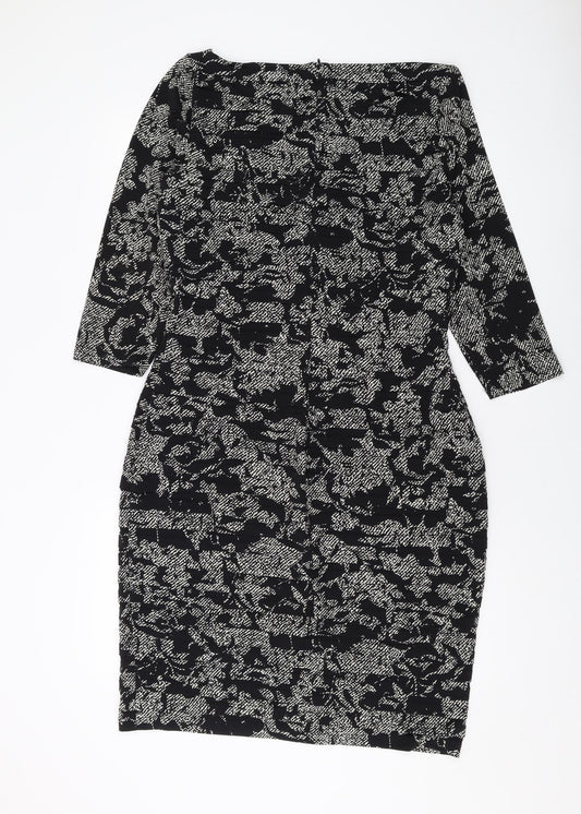 cc Womens Black Geometric Polyester Bodycon Size 14 V-Neck Zip