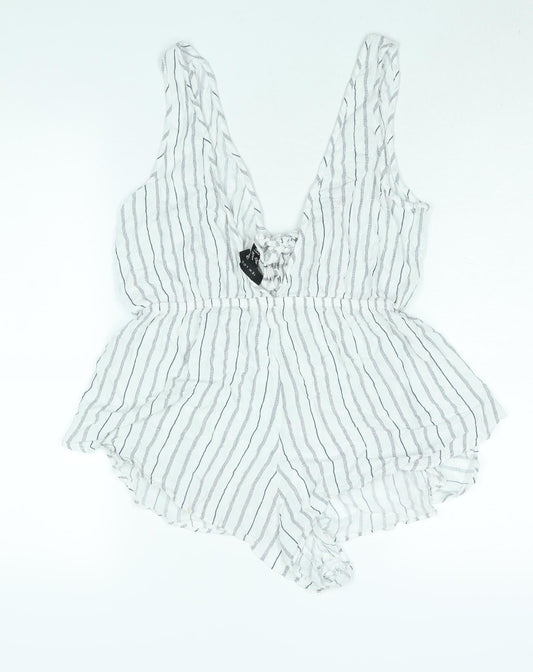 New Look Womens White Striped Viscose Playsuit One-Piece Size 14 Tie