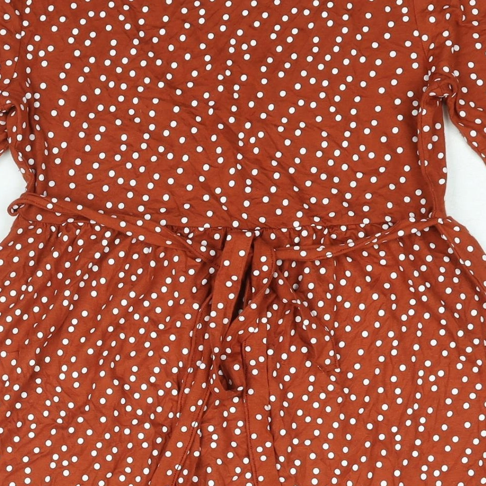 PRETTYLITTLETHING Womens Brown Polka Dot Viscose A-Line Size 10 V-Neck Pullover - Belted