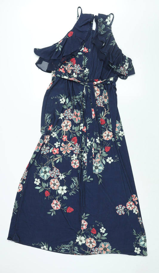 Monsoon Womens Black Floral Polyester Maxi Size 14 Round Neck Button - Frill