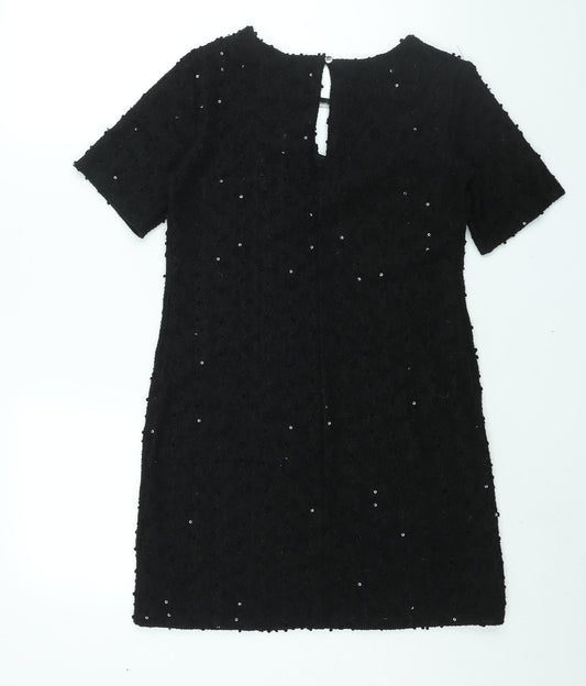 Dorothy Perkins Womens Black Polyester Mini Size 6 Round Neck Button - Textured Sequin