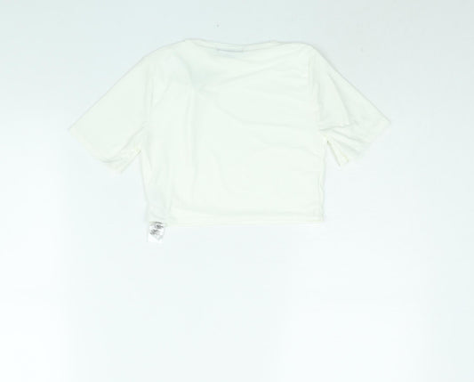 PRETTYLITTLETHING Womens White Polyester Cropped T-Shirt Size 6 Round Neck