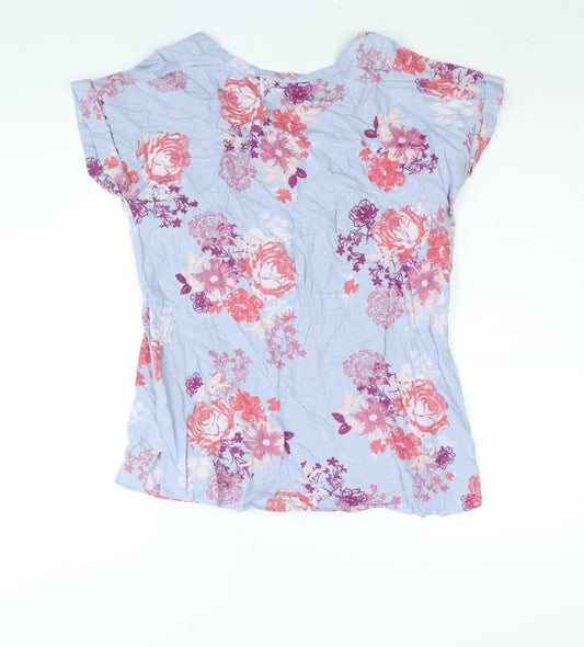 M&Co Womens Blue Floral Linen Basic Blouse Size 10 V-Neck