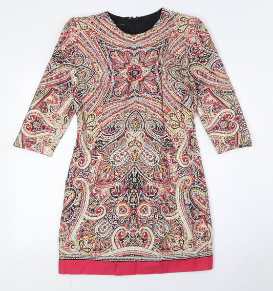 Mango Womens Multicoloured Cotton Pencil Dress Size M Round Neck Zip