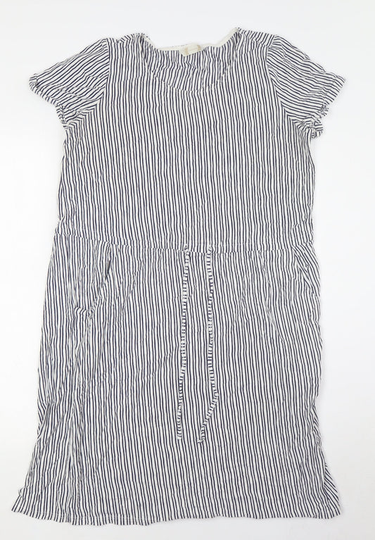 BHS Womens White Striped Cotton A-Line Size 12 Round Neck - Pull Waist