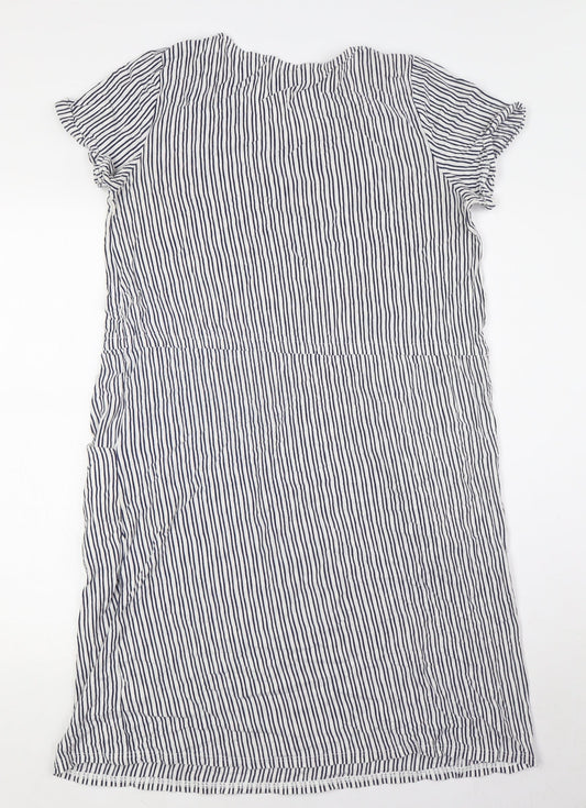 BHS Womens White Striped Cotton A-Line Size 12 Round Neck - Pull Waist
