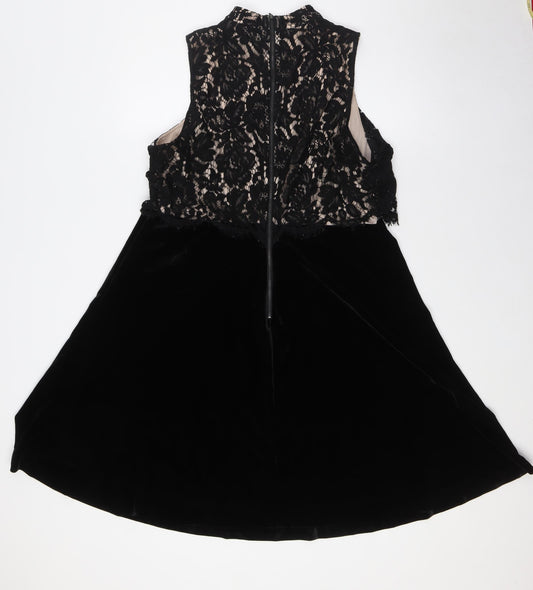 NEXT Womens Black Polyester A-Line Size 16 Mock Neck Zip - Lace Overlay
