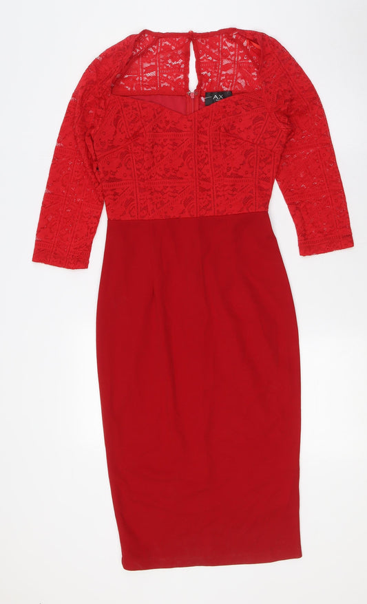 Additional front view of AX women’s red polyester bodycon, size UK 10, sweetheart zip - lace top