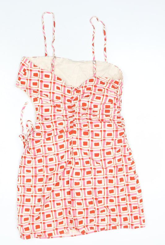 Zara Womens Multicoloured Geometric 100% Cotton Pencil Dress Size L Square Neck