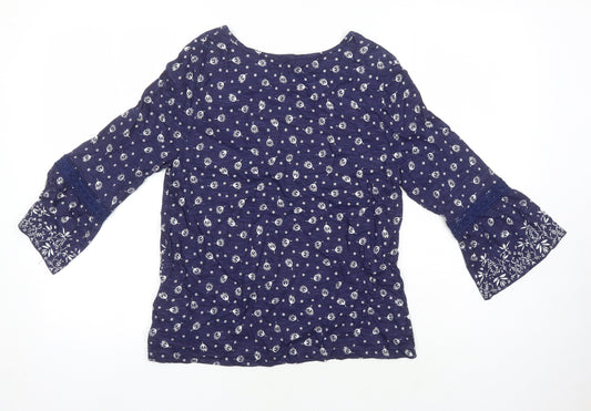 M&S Womens Blue Geometric 100% Cotton Tunic Blouse Size 8 Boat Neck