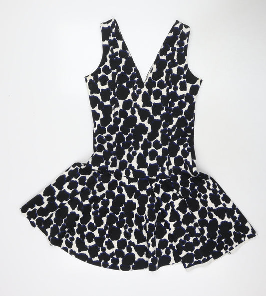 NEXT Womens Black Geometric Polyester Fit & Flare Size 8 V-Neck Zip