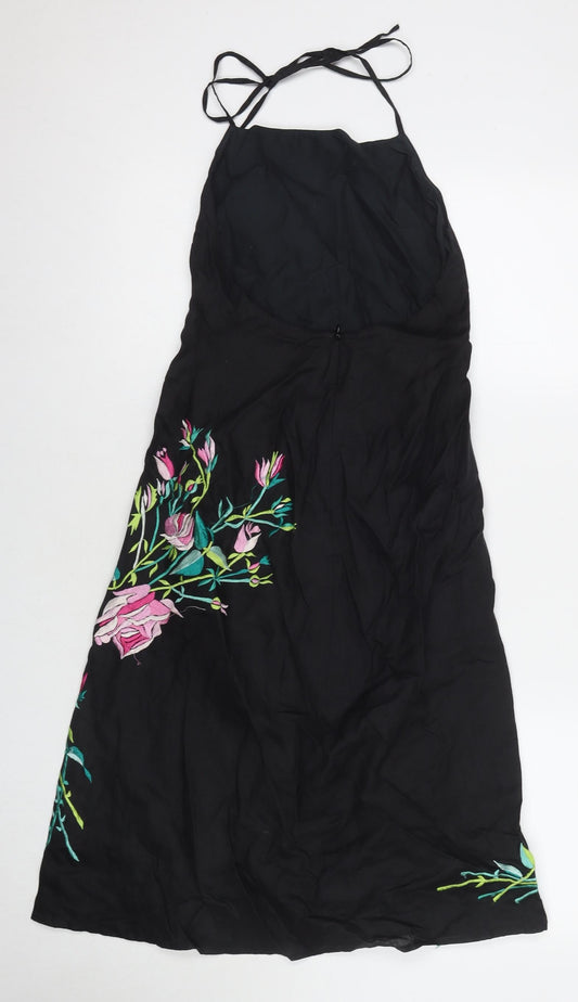 French Connection Womens Black Floral Ramie A-Line Size 6 Halter Zip