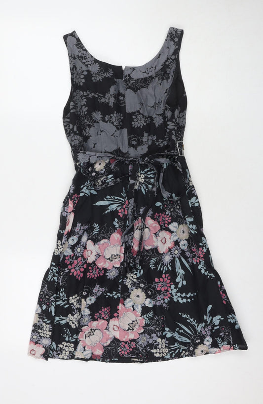 Oasis Womens Black Floral Silk A-Line Size 8 V-Neck Zip