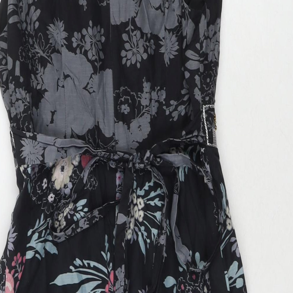 Oasis Womens Black Floral Silk A-Line Size 8 V-Neck Zip