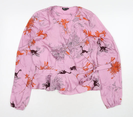 Topshop Womens Pink Floral Polyester Wrap Blouse Size 8 V-Neck