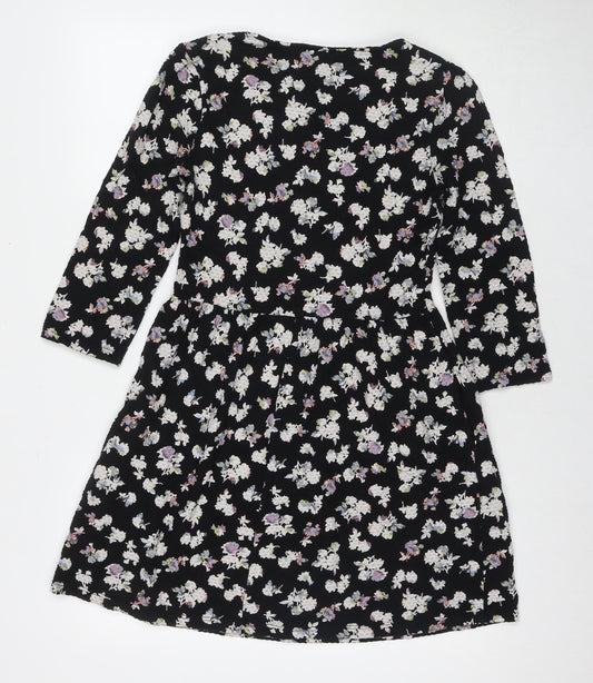 NEXT Womens Black Floral Cotton Fit & Flare Size 10 Round Neck Pullover