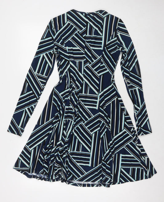Apricot Womens Blue Geometric Polyester Fit & Flare Size XS V-Neck Pullover