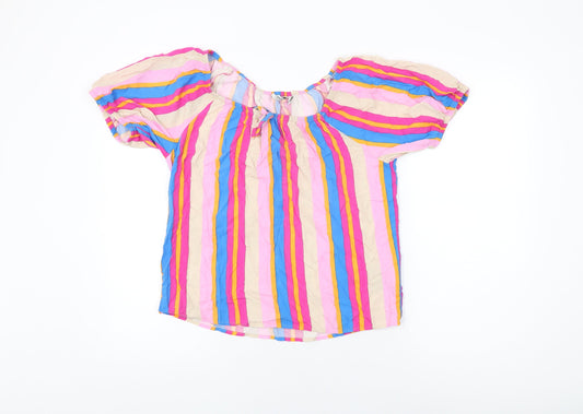 Additional front view of b.young women’s multicoloured striped viscose basic t-shirt, size UK 10, round neck
