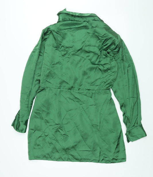 Zara Womens Green Polyester Shift Size XL Collared Zip - Rouched Button
