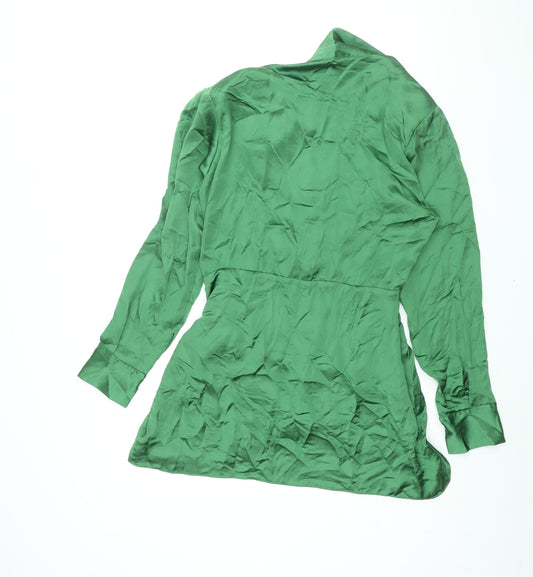 Zara Womens Green Polyester Shirt Dress Size M Collared Zip - Rouched Button
