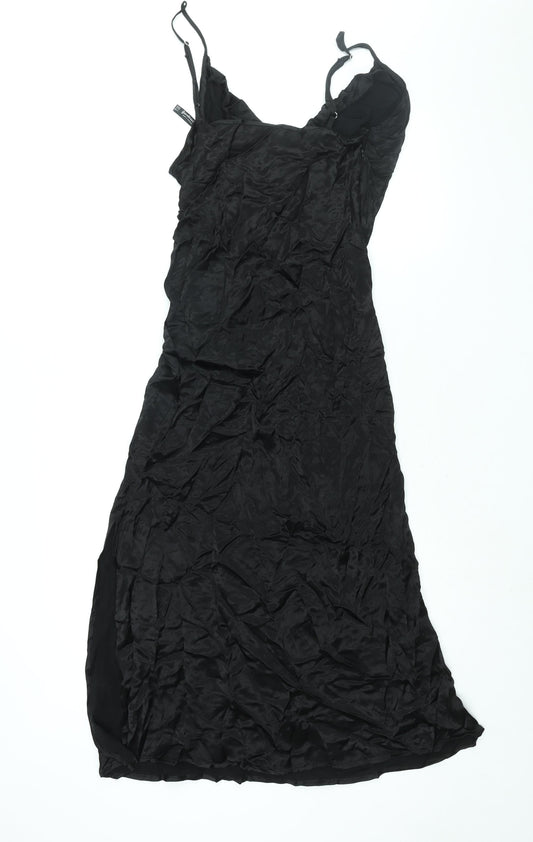 Stradivarius Womens Black Viscose Slip Dress Size L V-Neck Zip - Side Slit