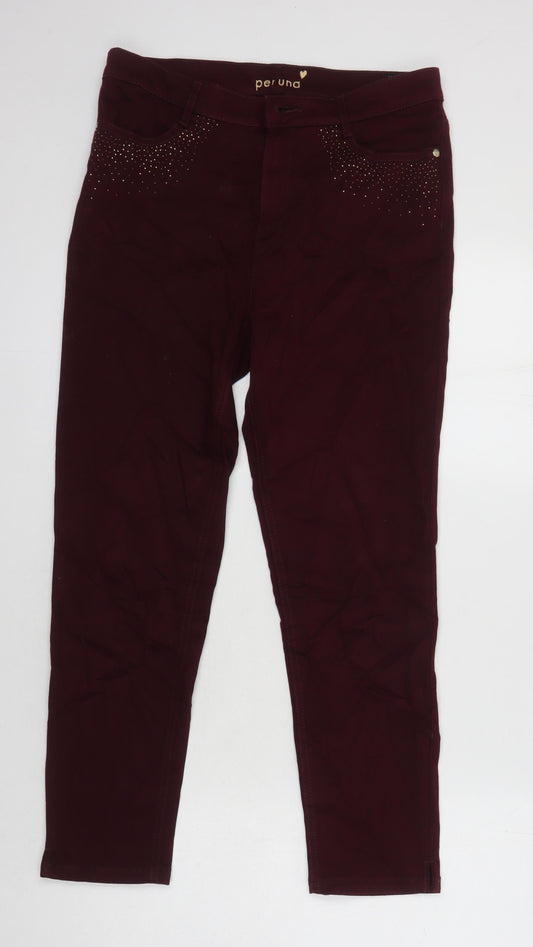 Marks & Spencer Womens Red Cotton Skinny Jeans Size 12 L24 in Regular - Rhinestone detailing