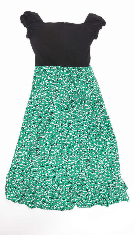 AX Paris Womens Green Animal Print Polyester Fit & Flare Size 10 Boat Neck Zip - Ruffle