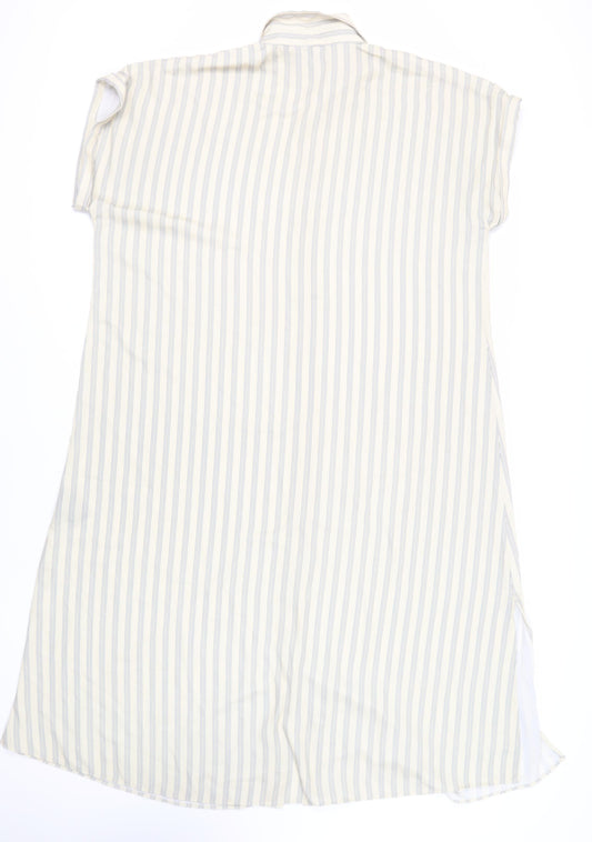H&M Womens Beige Striped Polyester Shirt Dress Size L Collared Button