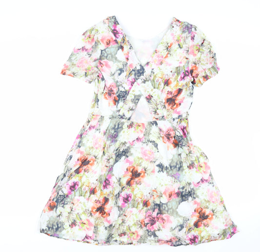 Oasis Womens Multicoloured Floral Cotton Fit & Flare Size 10 Boat Neck Zip - Cut Out Detail