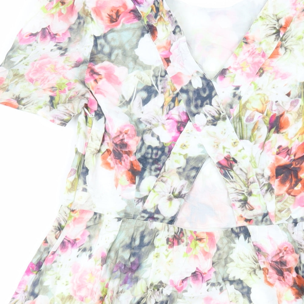 Oasis Womens Multicoloured Floral Cotton Fit & Flare Size 10 Boat Neck Zip - Cut Out Detail