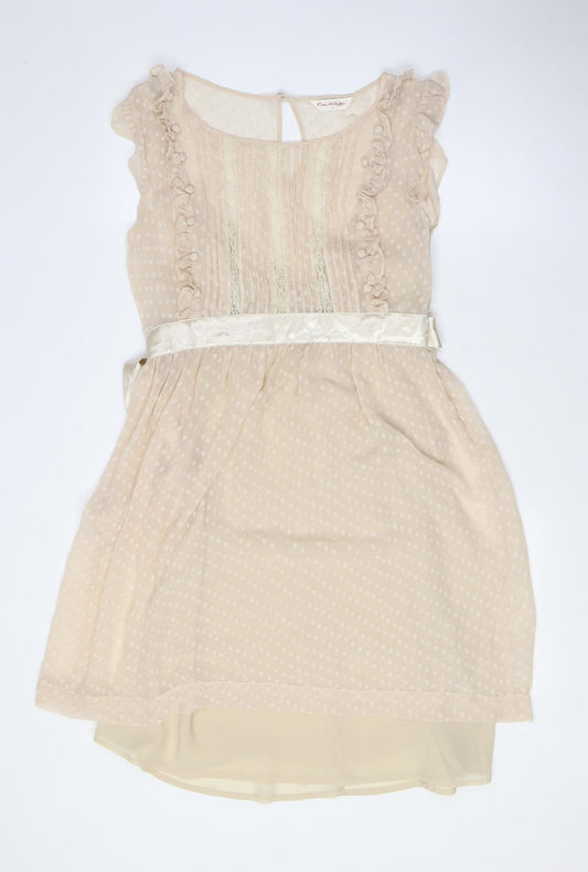 Additional front view of Miss Selfridge women’s beige polyester a-line, size UK 12, boat neck zip