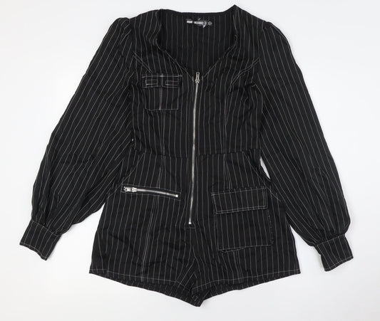 Additional front view of Missguided women’s black striped polyester playsuit one-piece, size UK 6, - zip pocket