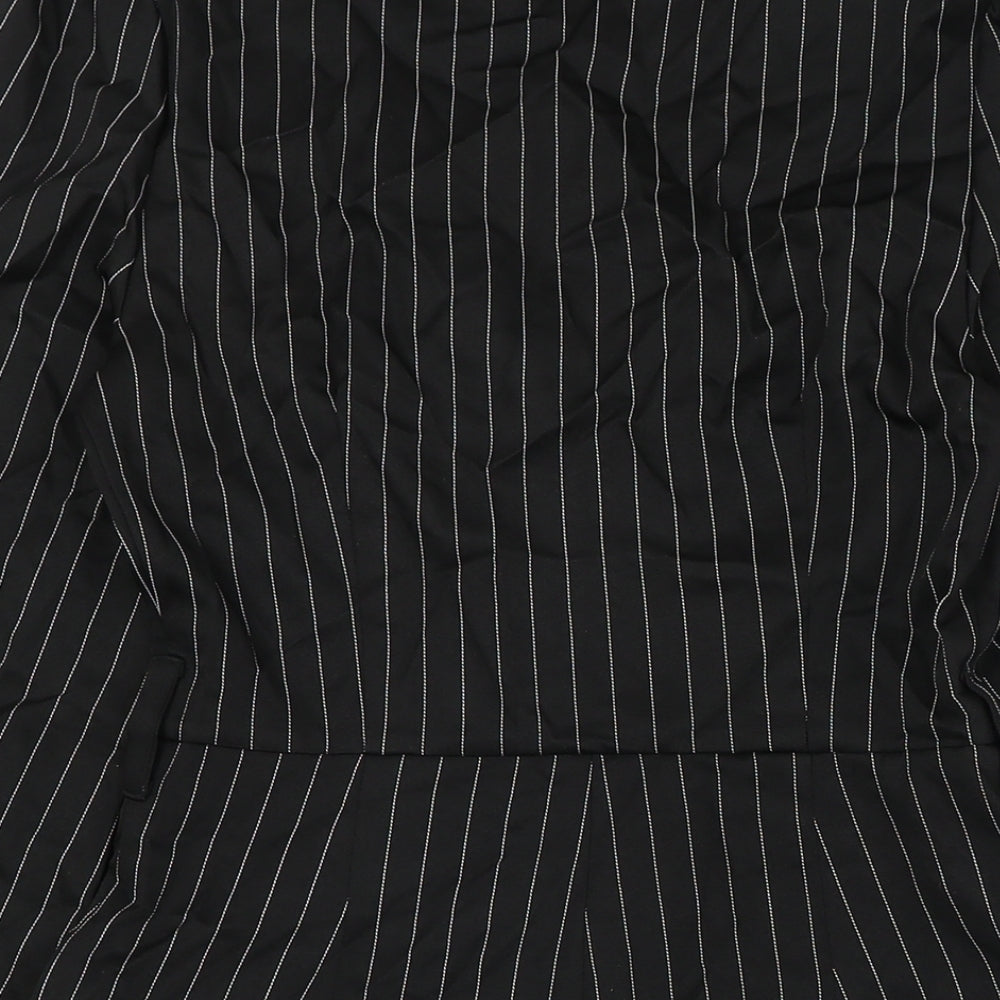Brand and care label for Missguided women’s black striped polyester playsuit one-piece, size UK 6, - zip pocket