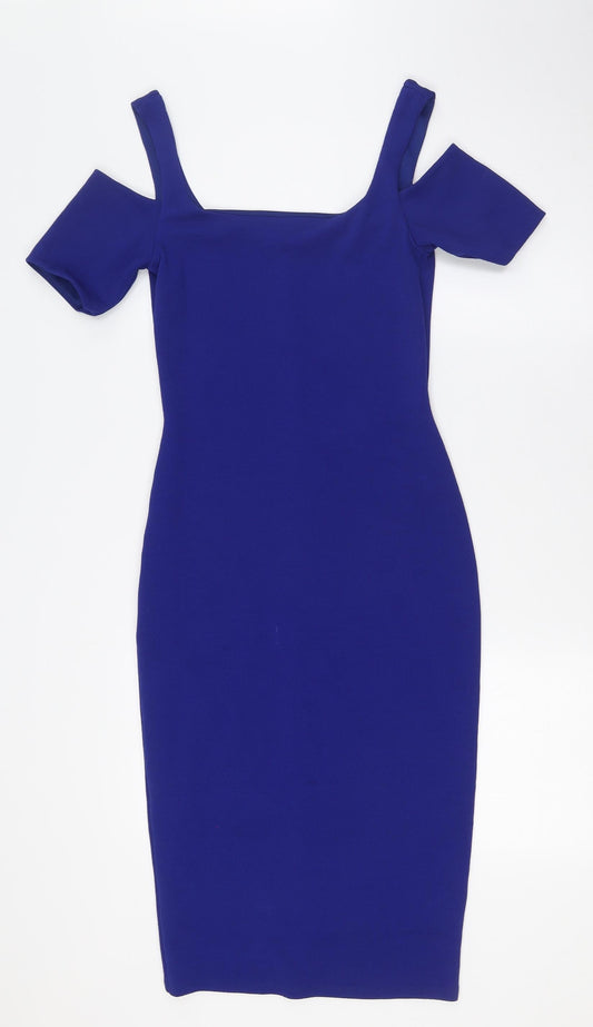 Additional front view of Miss Selfridge women’s blue polyester a-line, size UK 8, scoop neck - cold shoulder