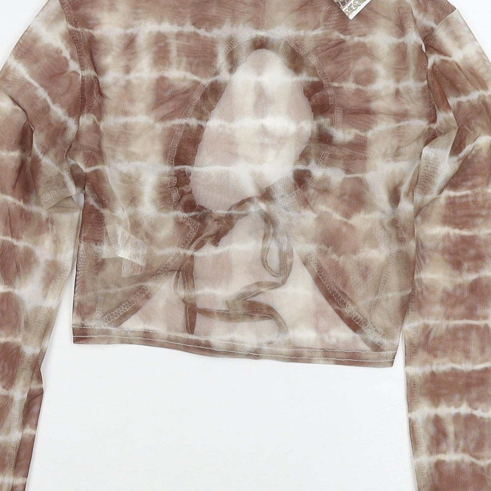 Boohoo Womens Brown Check Polyester Cropped T-Shirt Size 8 Round Neck