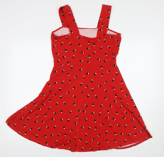 Dorothy Perkins Womens Red Geometric Cotton Fit & Flare Size 12 Square Neck Pullover