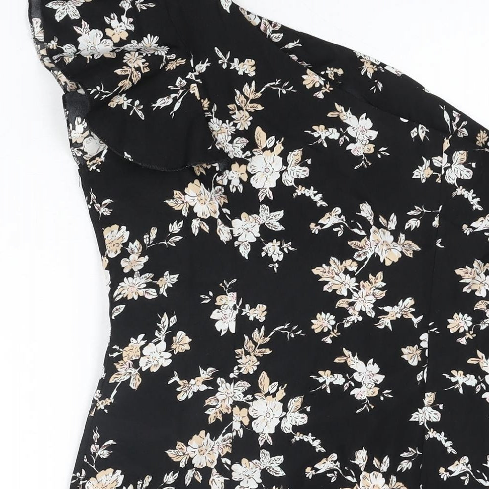 Boohoo Womens Black Floral Polyester Mini Size 6 One Shoulder Zip