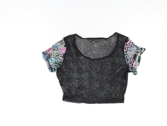 Urmoda Womens Black Geometric Polyester Cropped T-Shirt Size L Round Neck