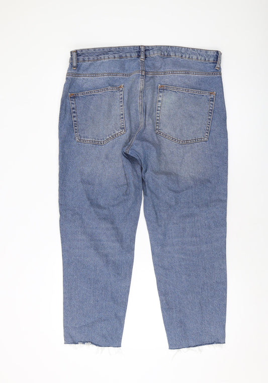 Back view of ASOS women’s blue cotton mom jeans, size UK 34, in, 25-inch leg regular button