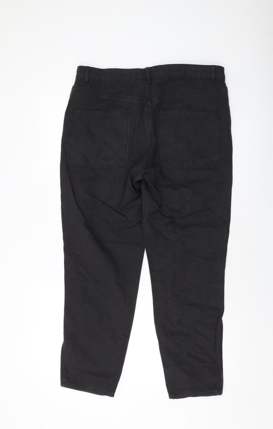 Back view of ASOS women’s black cotton mom jeans, size UK 34, in, 27-inch leg regular button