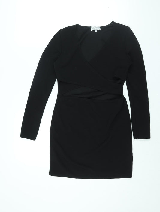 Additional front view of In the Style women’s black polyester bodycon, size UK 12, v-neck pullover - cut out
