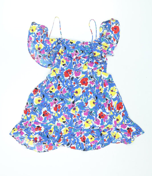 Topshop Womens Blue Floral Polyester Wrap Dress Size 4 V-Neck Button - Frill Cold Shoulder