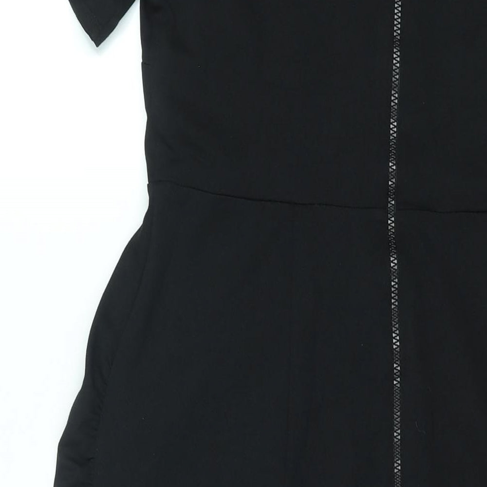 Brand and care label for ASOS women’s black polyester bodycon, size UK 10, round neck zip - cut out